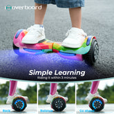 A child with white sneakers rides the iHoverboard 6.5" Kids Hoverboard (Bluetooth, LED Lights, CE Certified-H1) outdoors. Text: "iHoverboard, Simple Learning, Ride in 3 Minutes." Smaller images show back, balance, and go ahead actions.
